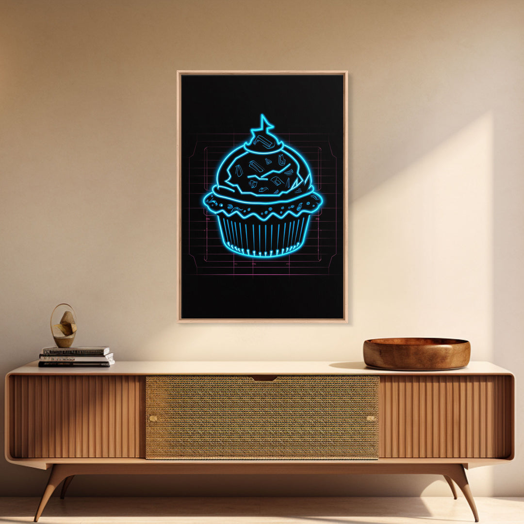 Teal Neon Lights Cupcake Wall Decor, Kitchen Wall Art, Glowing Art, Minimalist Print, Wall Decor, Canvas Print, Wall Art, Framed Canvas