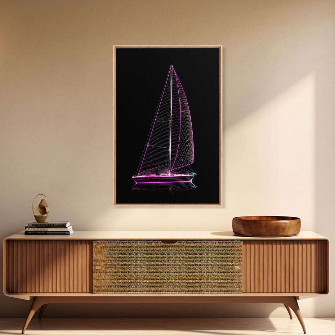 Synthwave Sail Boat Wall Decor, Ocean Art Print, 3D Art, Purple, Minimalist Print, Wall Decor, Canvas Print, Wall Art, Framed Canvas