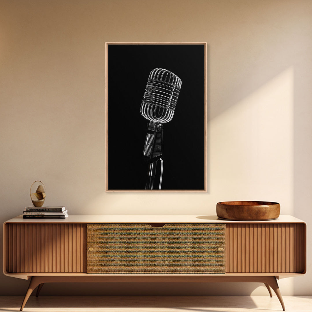 Silver Retro Microphone Wall Art, Mic Wall Art, Music Room Wall Art, Minimalist Print, Wall Decor, Canvas Print, Wall Art, Framed Canvas