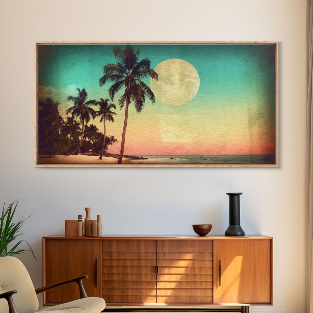 Sunset Over Beach Wall Decor, Tropical Wall Art, Palm Trees Art, Panoramic Wall Decor, Canvas Print, Wall Art, Framed Canvas Art