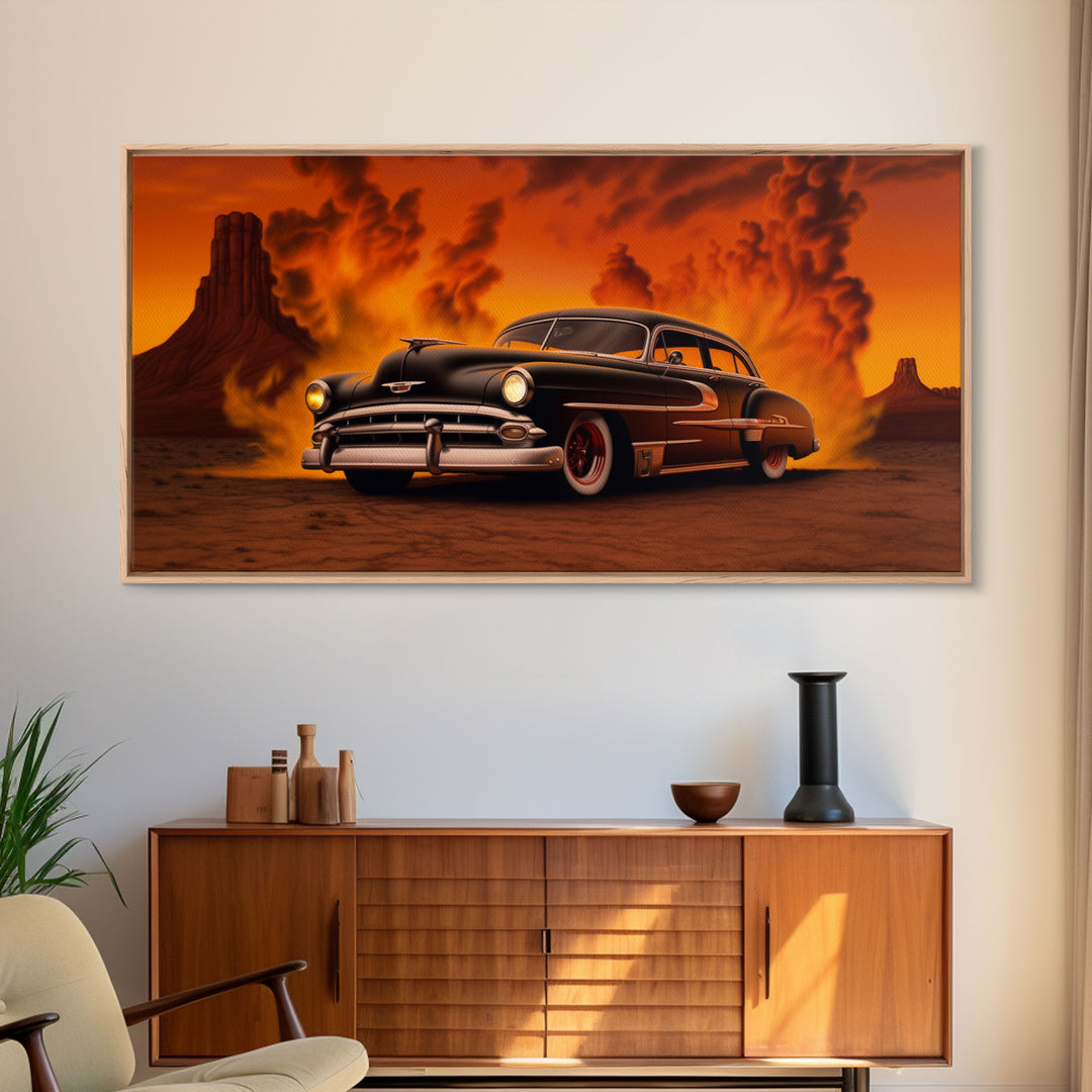 Chevy Classic Car Wall Decor, Retro Car Wall Decor, Desert Landscape Art, Panoramic Wall Decor, Canvas Print, Wall Art, Framed Canvas Art