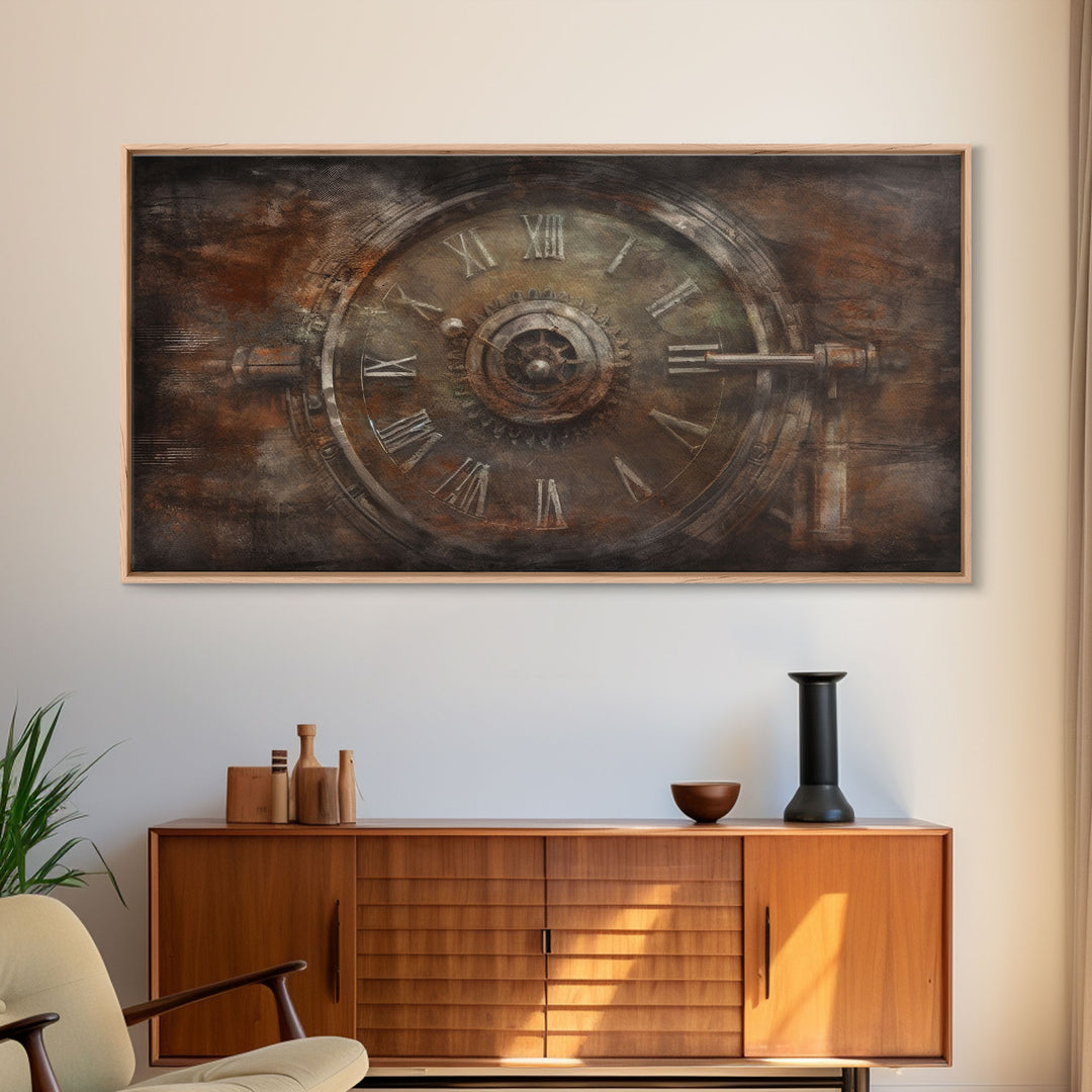 Clock Wall Decor, Steampunk Wall Art, Brown Grunge Wall Art, Panoramic Wall Decor, Canvas Print, Wall Art, Framed Canvas Art