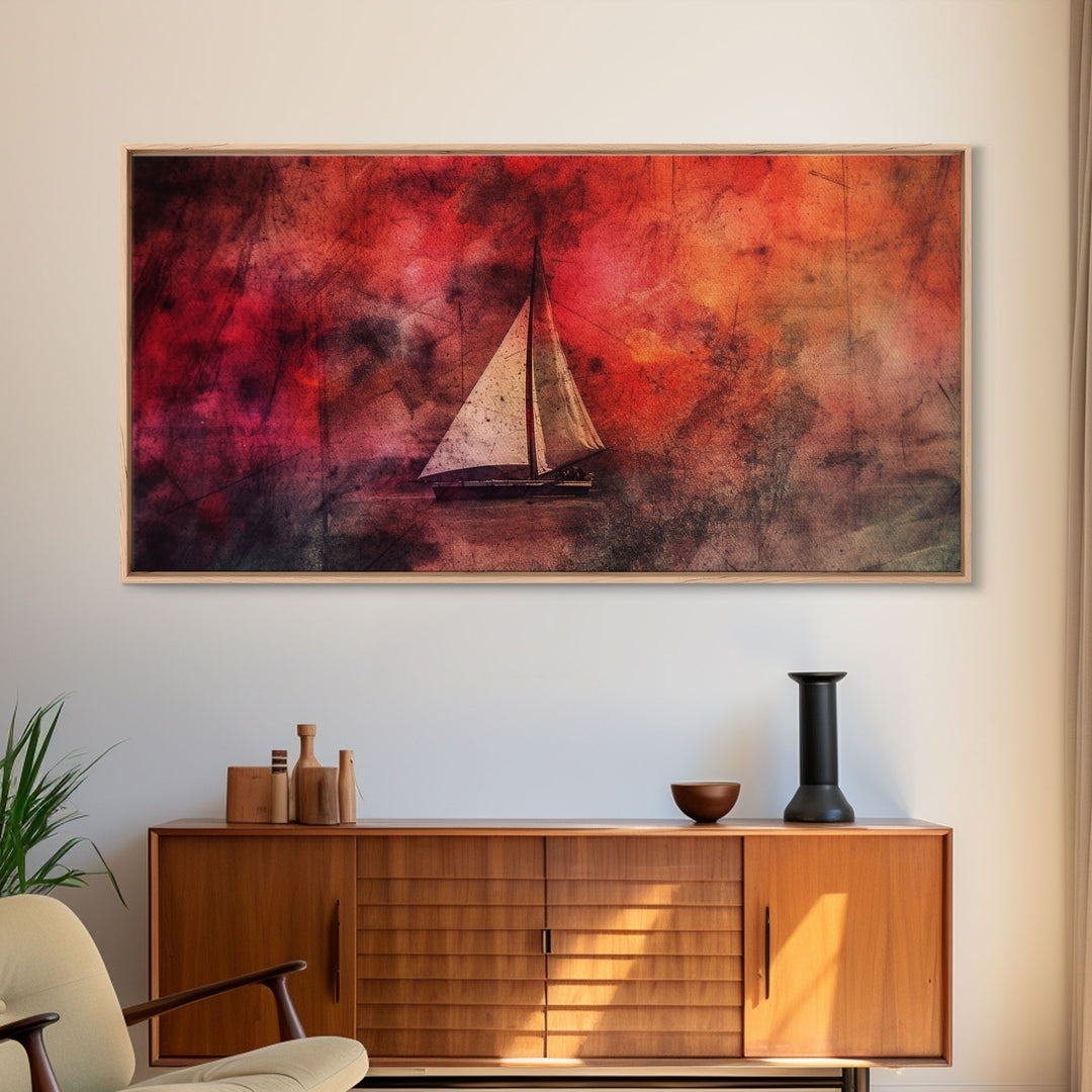 Abstract Sailboat Wall Decor, Ocean Wall Art, Boat Wall Art, Red Wall Decor, Panoramic Wall Decor, Canvas Print, Wall Art, Framed Canvas Art