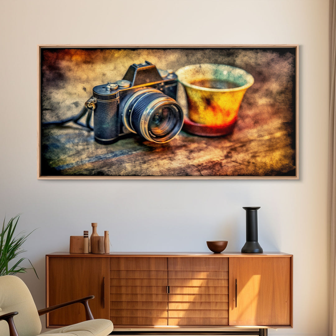 Retro Camera Wall Decor, Film Camera Wall Art, Grunge Art, Photography Art, Panoramic Wall Decor, Canvas Print, Wall Art, Framed Canvas Art