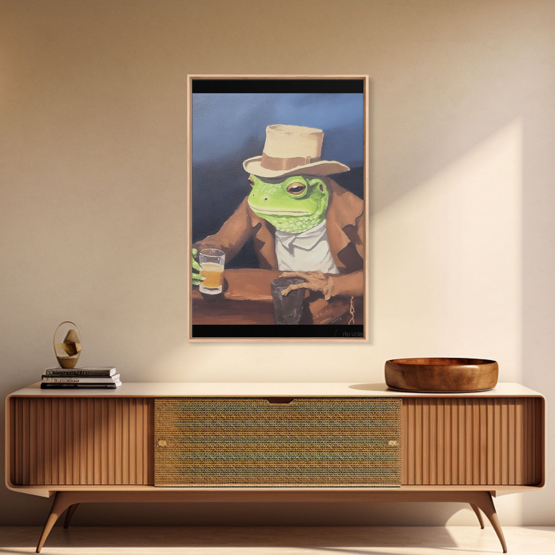 Sad Cowboy Frog Havin' a Beer, Cowboy Frog Framed Canvas Print