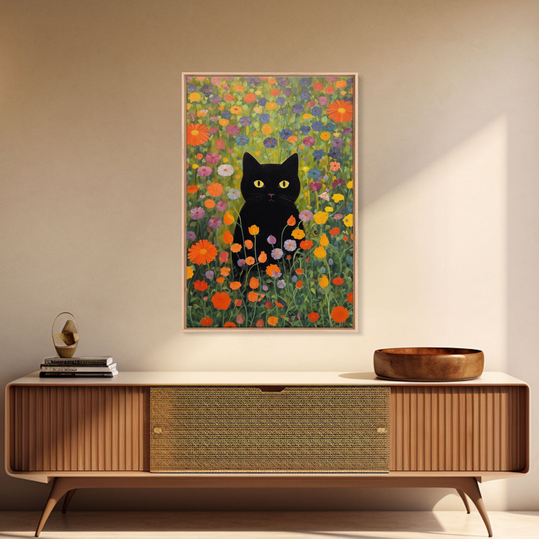 Gustav Klimt Inspired Garden Cat, Funny Black Cat Art, Framed Canvas Print, Fine Art Poster, Cute Cat Art, Funny Gift, Funny Cat Prints