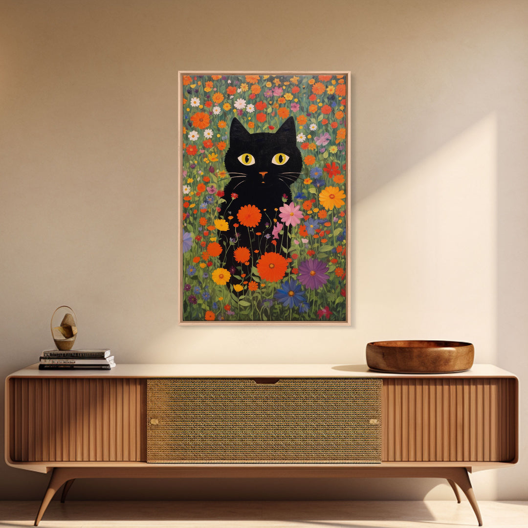 Gustav Klimt Inspired Garden Cat, Funny Black Cat Art, Framed Canvas Print, Fine Art Poster, Cute Cat Art, Funny Gift, Funny Cat Prints