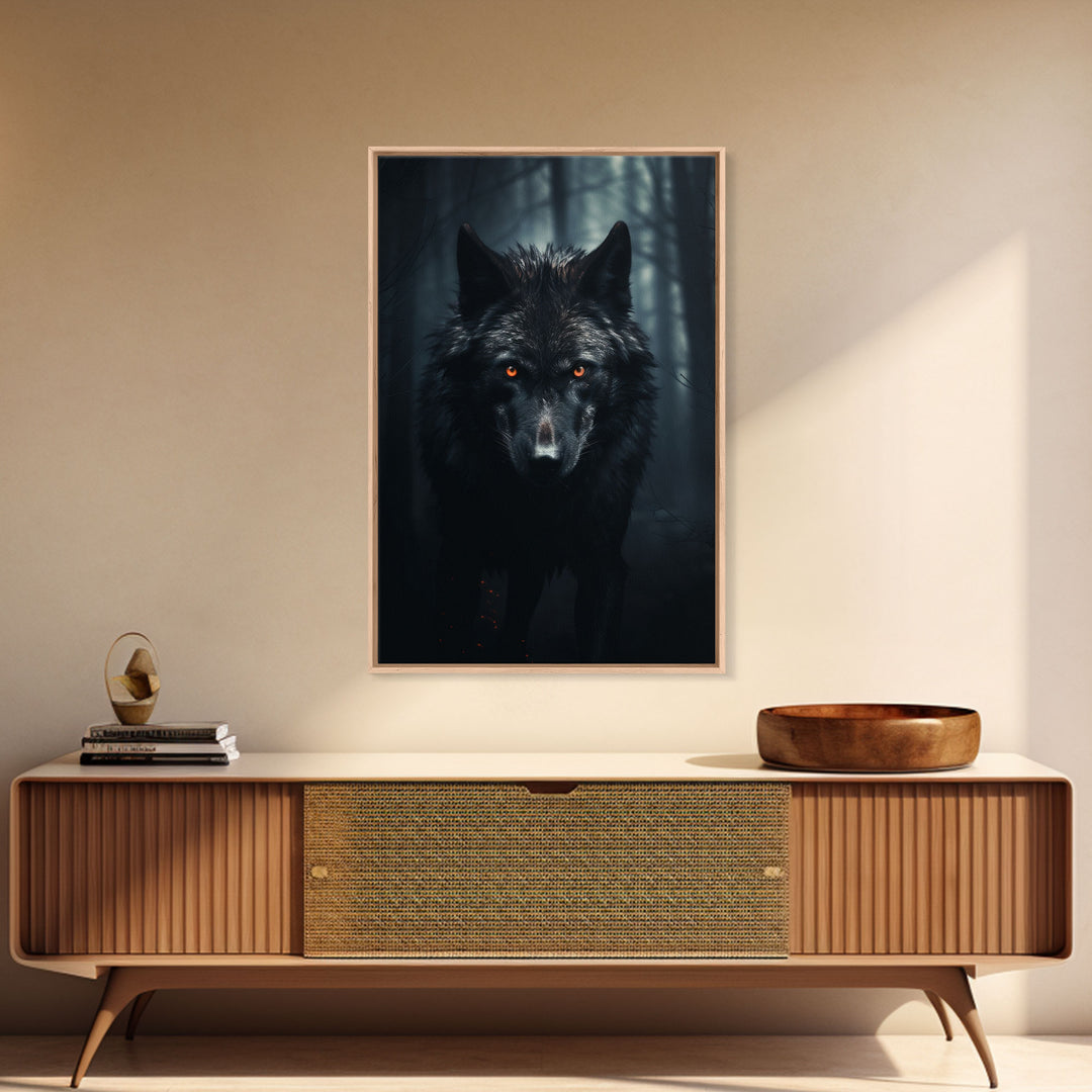 Red Eyed Wolf Print, Black Wolf On The Hunt, Framed Canvas Art