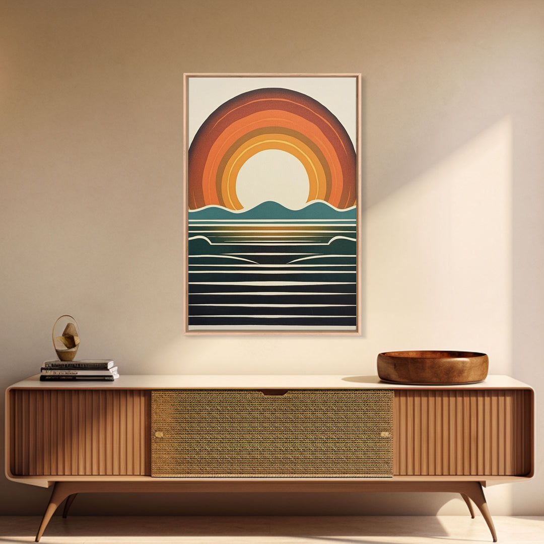 Retro Minimalist Boho Style Art Deco Sunset, Framed Canvas Print, Office Decor, Midcentury Modern, MCM Art, Gift For Him, Mancave Art