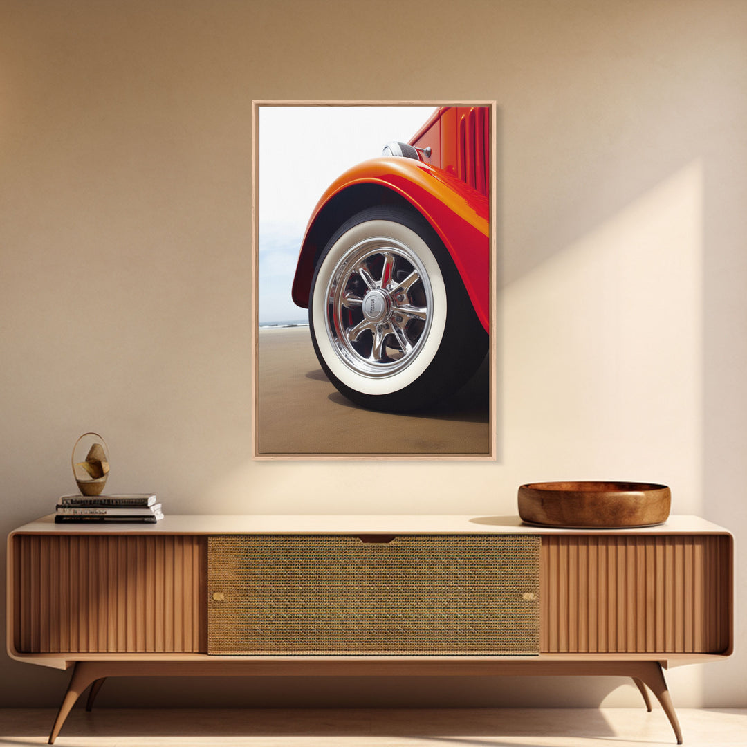 Hot Rod Art, Hot Rot Photography Print, Framed Canvas or Poster, Close Up Shot Of 1930s Hot Rod Chrome Rims, Orange Hot Rod, Gift For Him