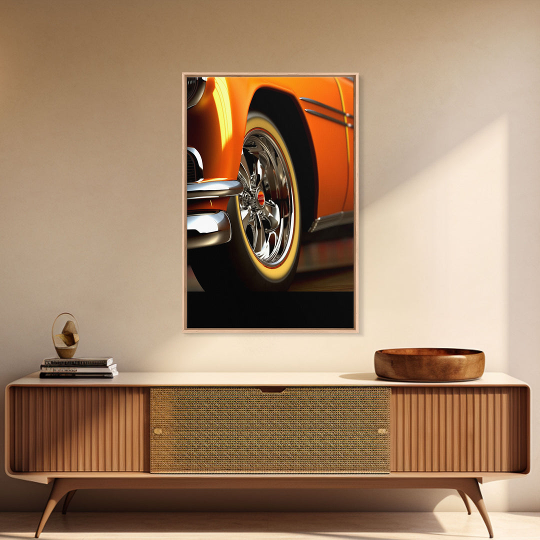 Hot Rod Art, Hot Rot Photography Print, Framed Canvas or Poster, Close Up Shot Of 1950s Hot Rod Chrome Rims, Orange Hot Rod, Gift For Him