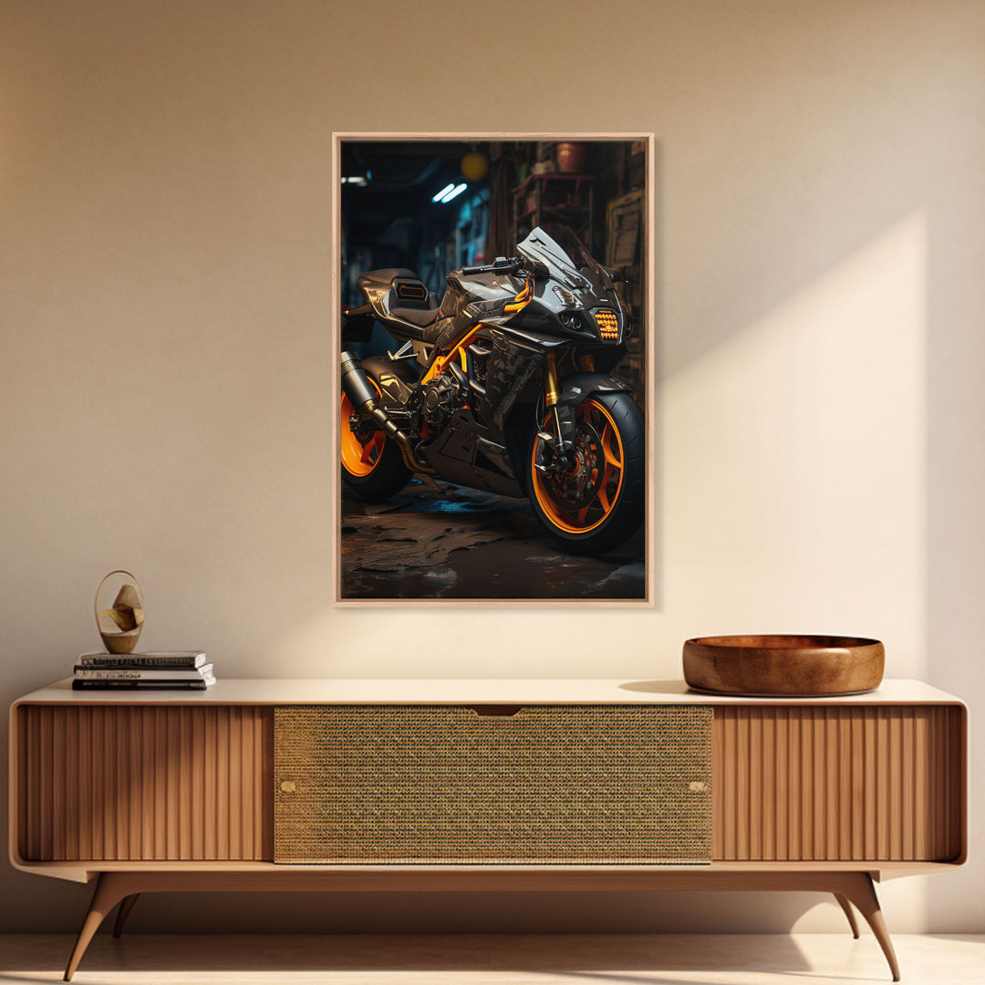 Sport Bike Wall Art, Framed Canvas Print, Futuristic Cyberpunk Motorcycle Wall Art