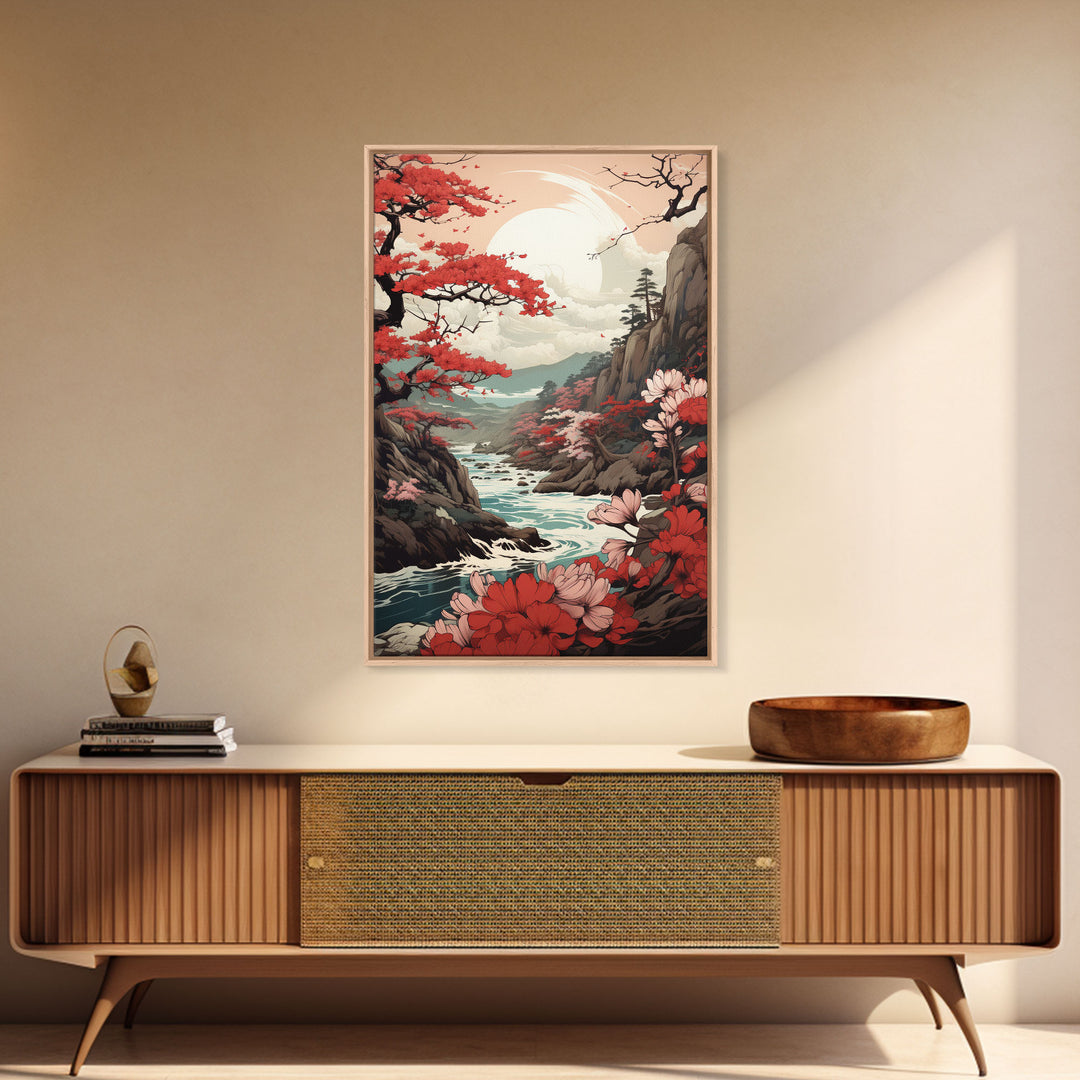 Japanese Wall Art, Japanese Maple Tree, Framed Canvas Print, Japanese Art, Japanese Hanging Wall Art, Red Maples Above A Calm Stream