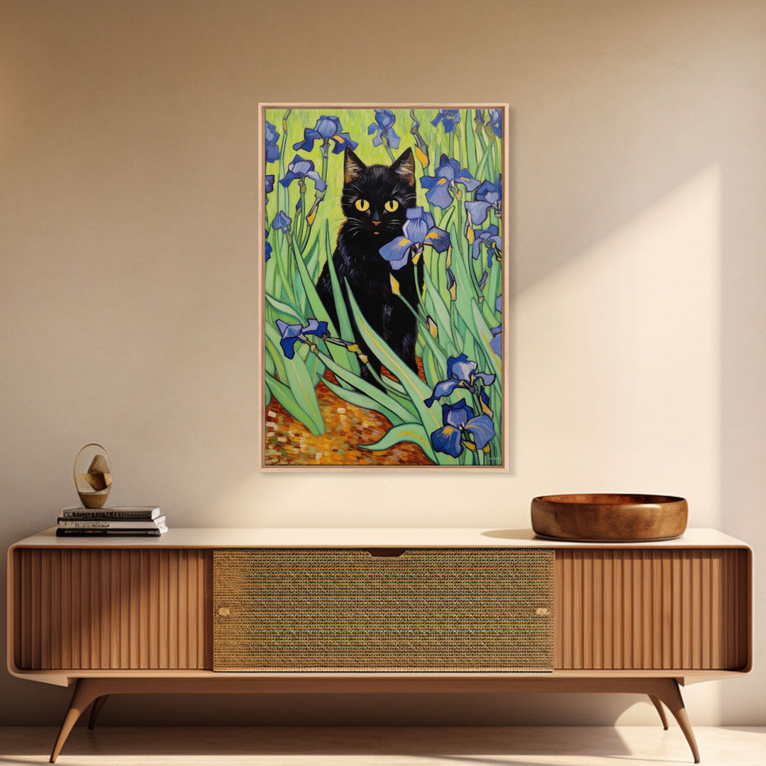 Vincent Van Gogh Inspired Irises Black Cat Wall Art, Framed Canvas Print, Poster Art, Funny Cat Print, Funny Gift, Home Decor Wall Art