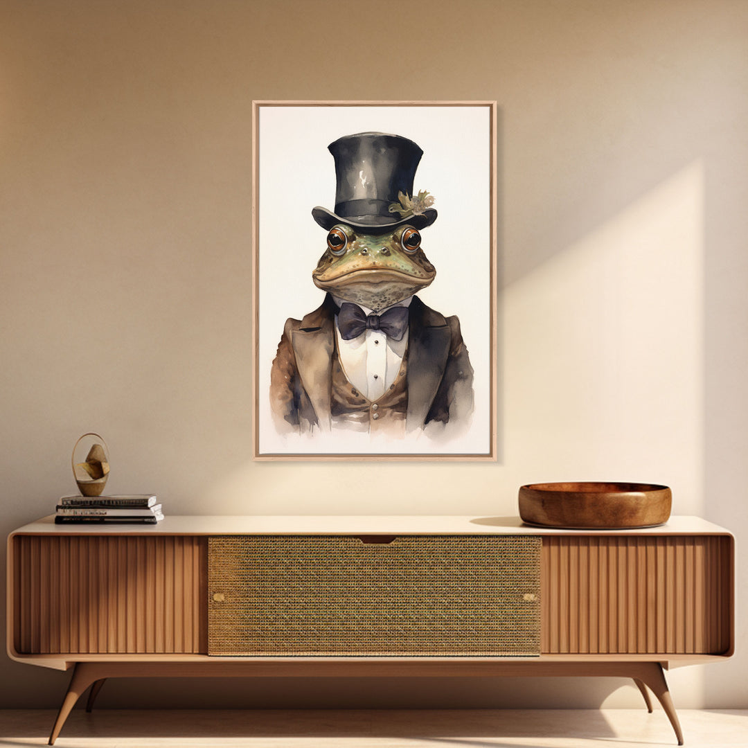 Toad Victorian Portrait, Vintage Style Animal Wall Art, Framed Canvas Print, Handmade Canvas Art, Le Business Toad