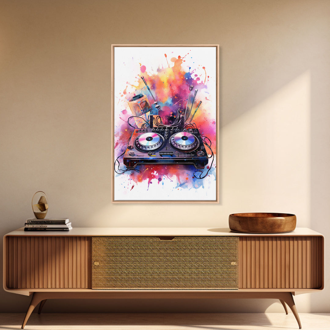 Two Turn Tables, DJ Art, Disc Jockey Decor, Music Studio Decor, Framed Canvas Print