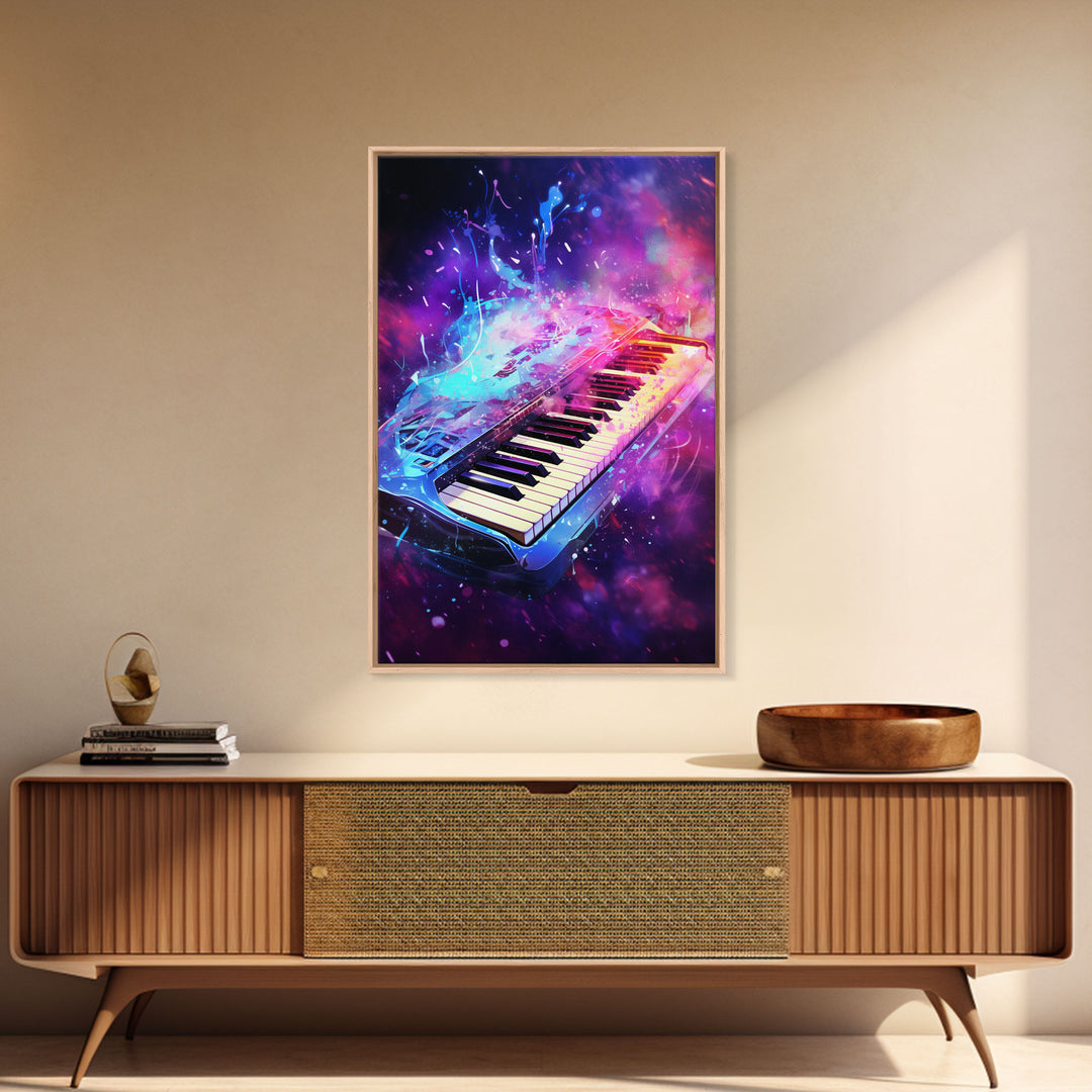 Cosmic Keyboard, Galaxy Music Art Framed Canvas Print, Electric Keyboard, Instrument Art, Studio Wall Decor