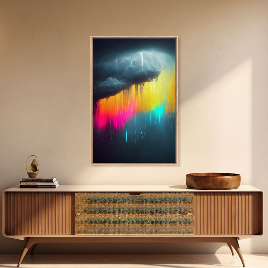 Rainbow In A Rain Cloud, Abstract Art Canvas Print, Lightning, Rain, Stormy Rainbow, Cool Wall Art, Colorful Wall Decor, Neon Rain Cloud