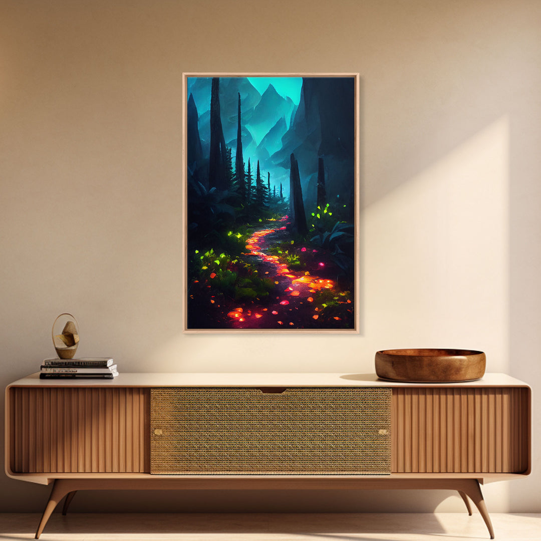 Luminescent magical forest canvas print, glowing trail though the trees, fantasy art