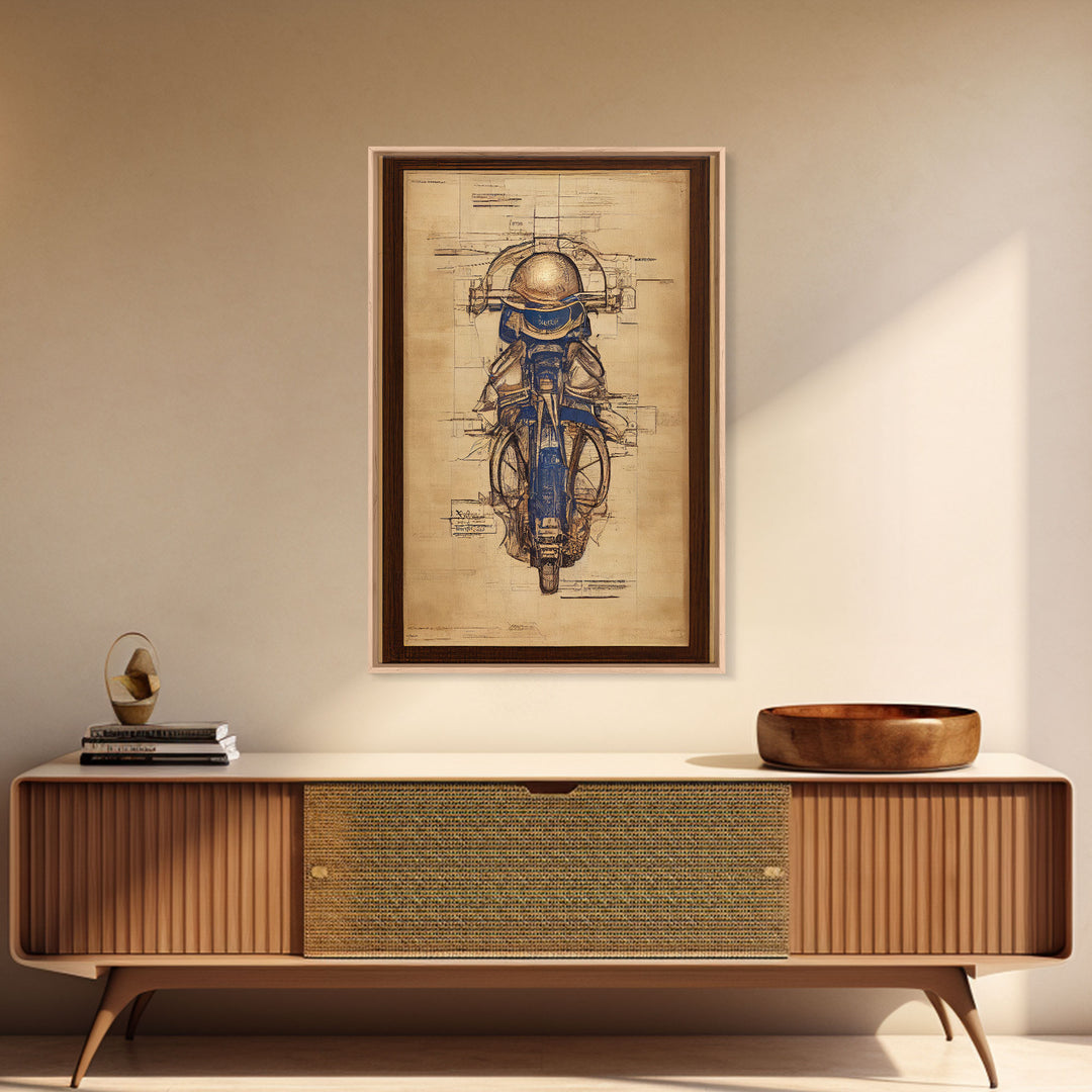 Da Vinci style steampunk motorcycle diagram, canvas print, man cave wall art, motorcycle art