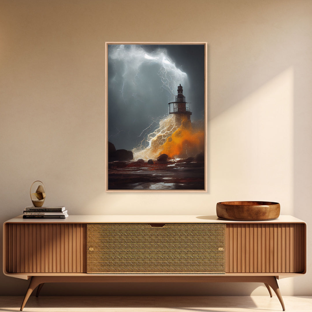 Lighthouse Oil Painting Canvas Print, Light house landscape print, Lighthouse in a storm with lightning and thunder, waves crashing