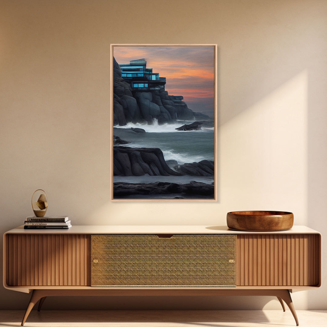 Midcentury modern house on a cliff, seaside home wall art, canvas print