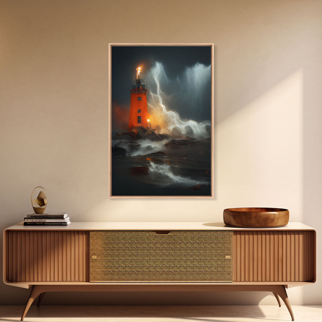 Lighthouse Oil Painting Canvas Print, Light house in a hurricane, dark stormy night, waves crashing