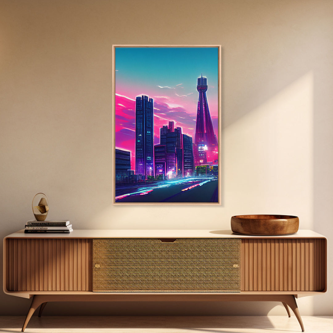 Vaporwave aesthetic wall art, cyberpunk city poster art, cool living room art, synthwave wall art, retro 80s style cyberpunk fine art print