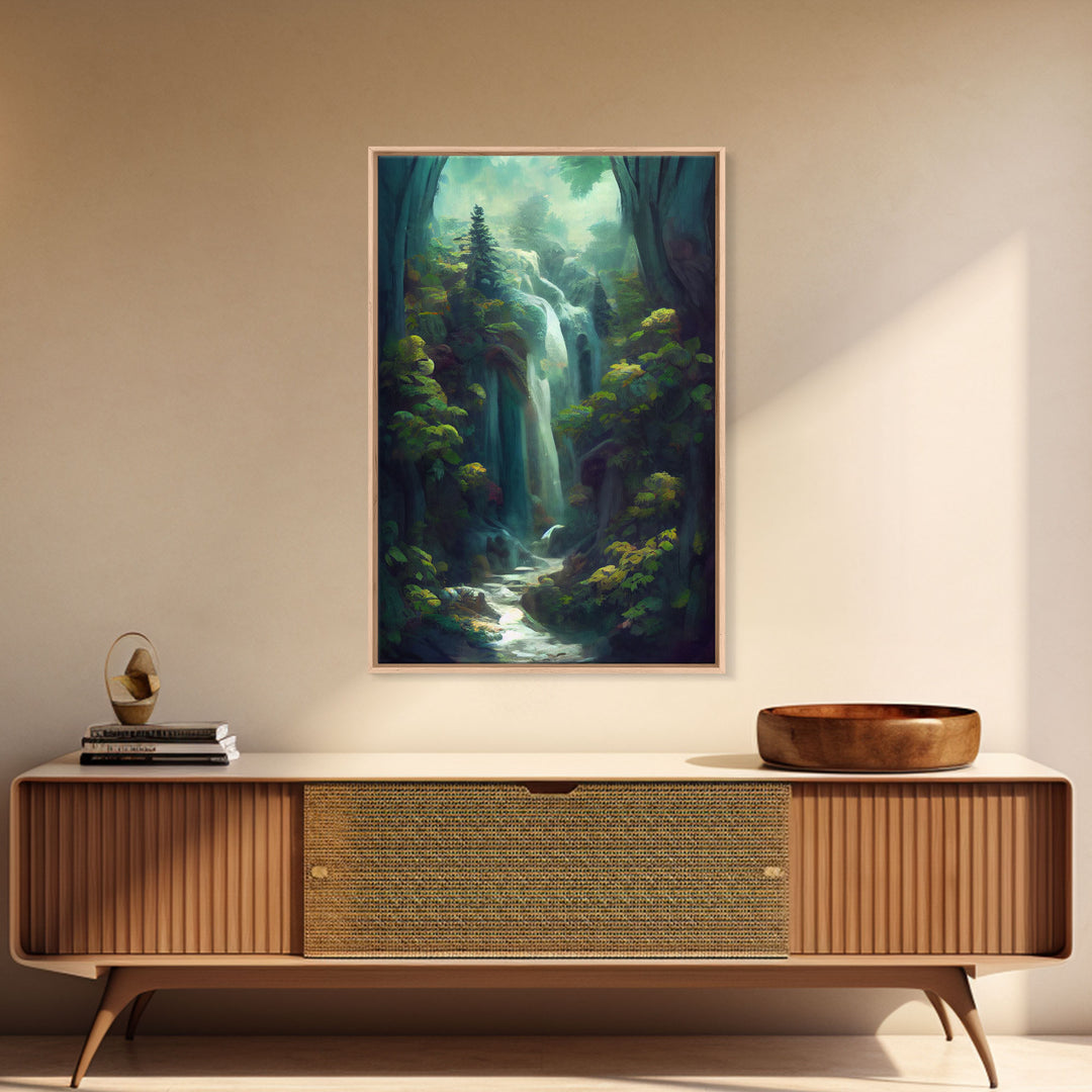 Waterfall canvas print, fantasy wall art, watercolor print, high fantasy, nature landscape living room wall art