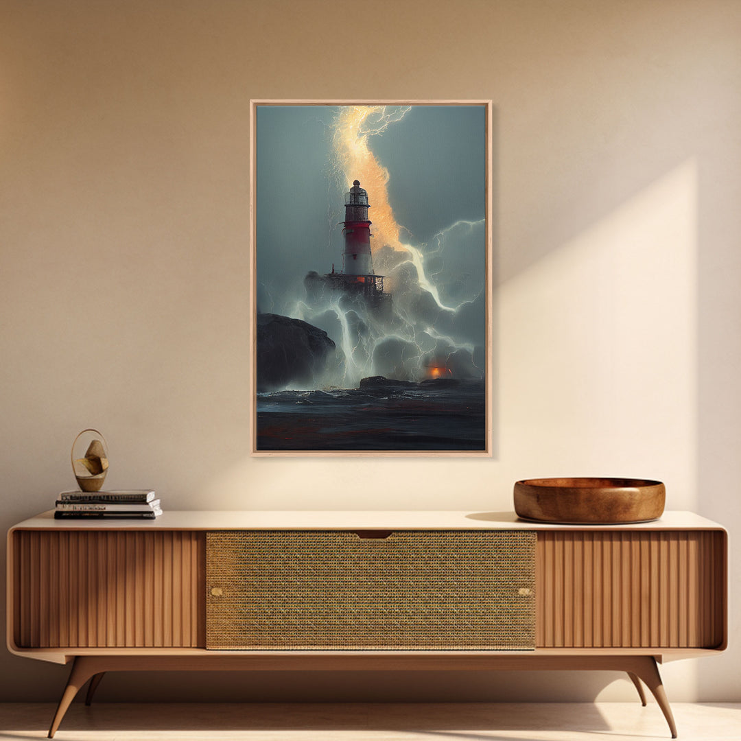 Lighthouse Oil Painting Canvas Print, Lightning striking a lighthouse during a dark stormy night, gloomy wall art