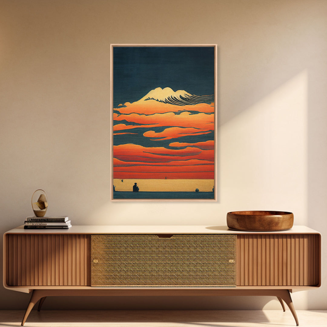 Retro Japanese style wall art, sunrise over the mountains, canvas print, woodblock print style art, Hokusai vintage style wall art