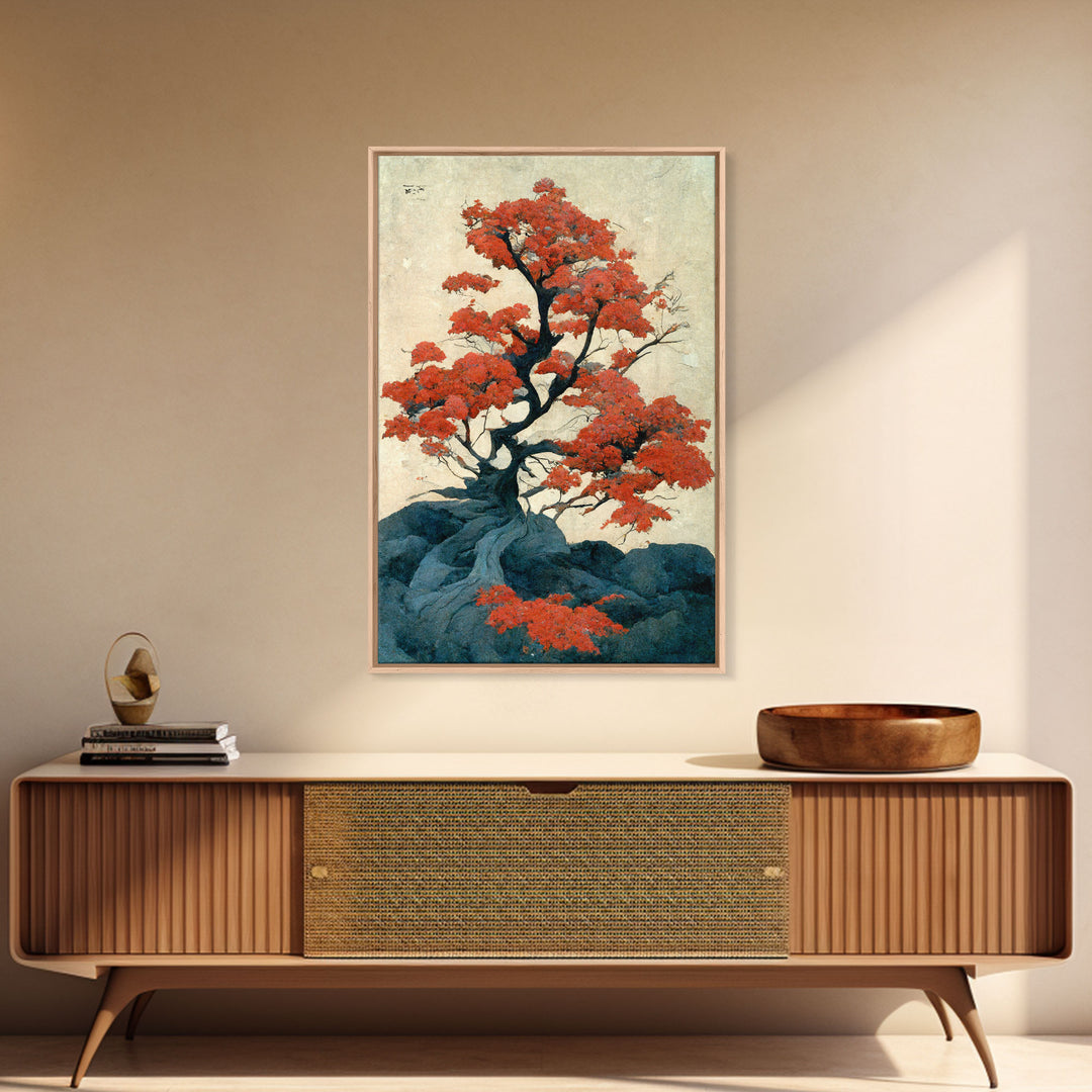 Japanese maple tree canvas print, vintage style wall art, woodblock print style wall art