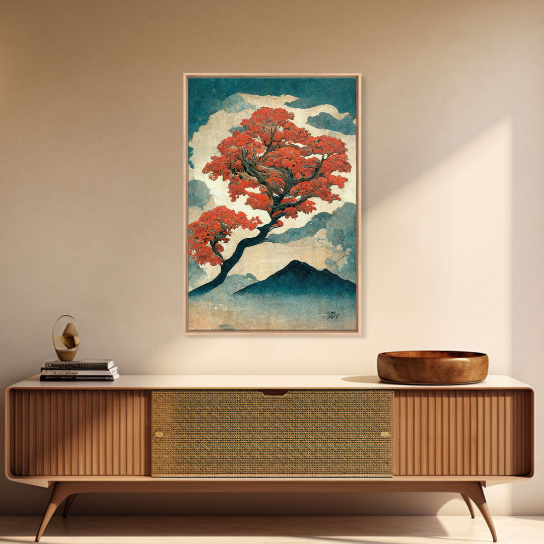 Japanese maple tree canvas print, vintage style wall art, woodblock print style wall art, unique abstract wall art, tree art