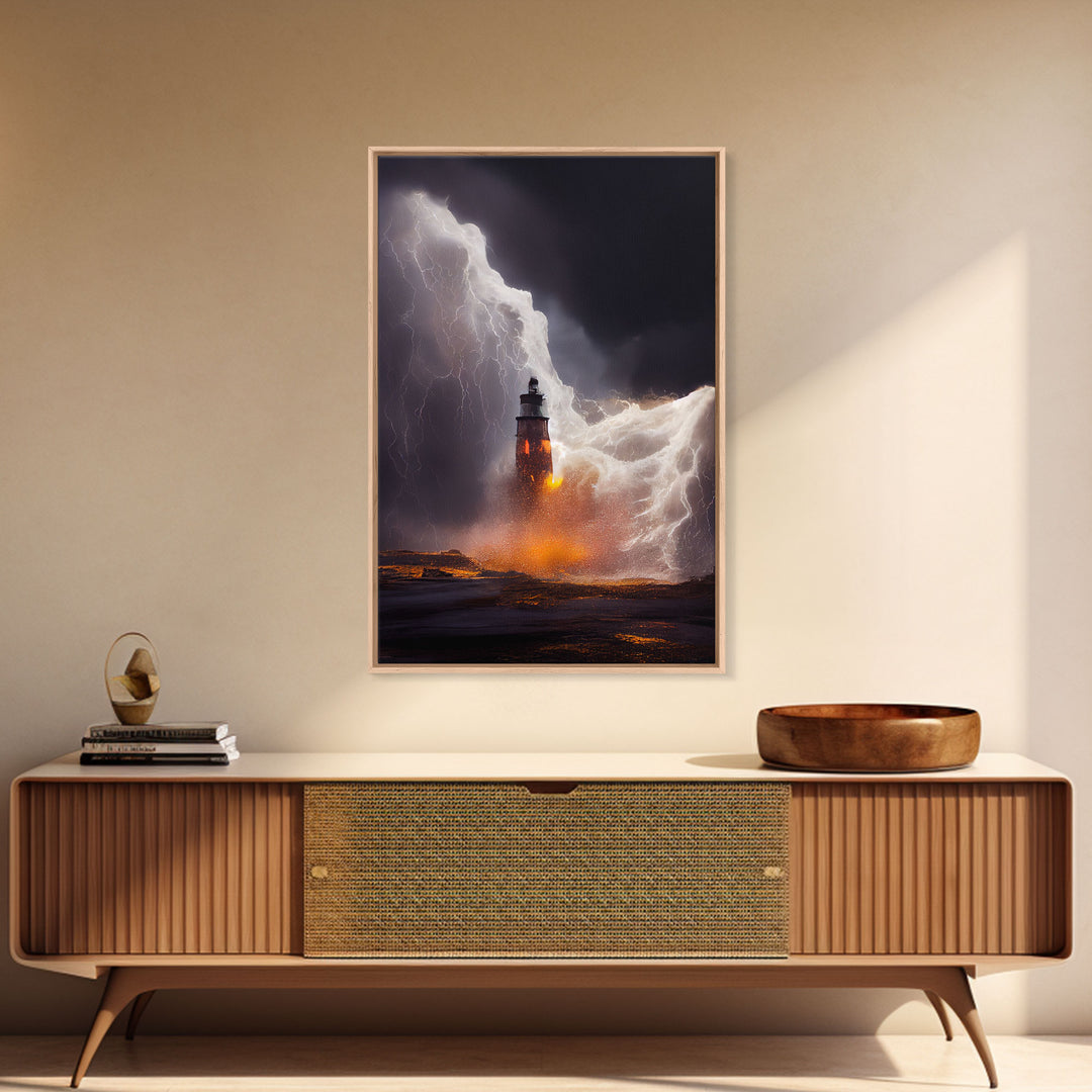 Lightning striking a burning lighthouse, canvas print, oil painting style, dark and gloomy wall art