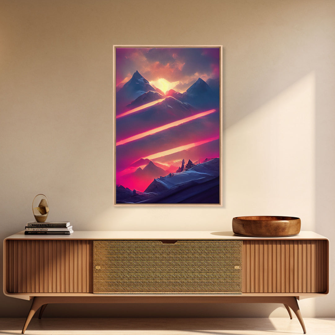 Vaporwave Mountain Landscape Canvas Print, Synthwave Landscape Art, Beautiful sunset in the mountains wall art, cool wall art