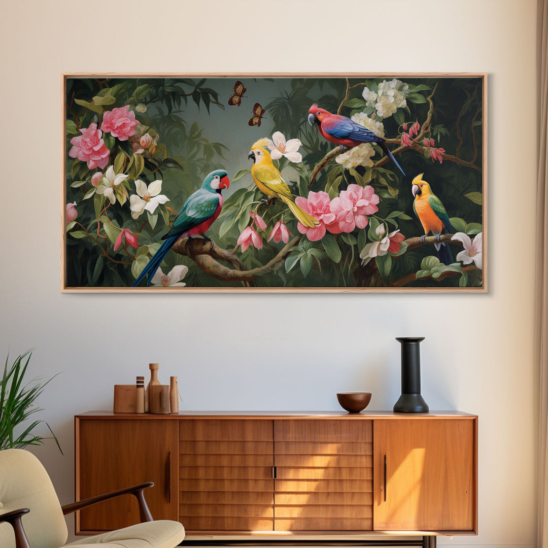 Flowers Wall Art, Animal Wall Art, Bird Art Print, Parrot Painting, Panoramic Art, Wall Art, Canvas Art, Landscape Art, Client Gift, Office