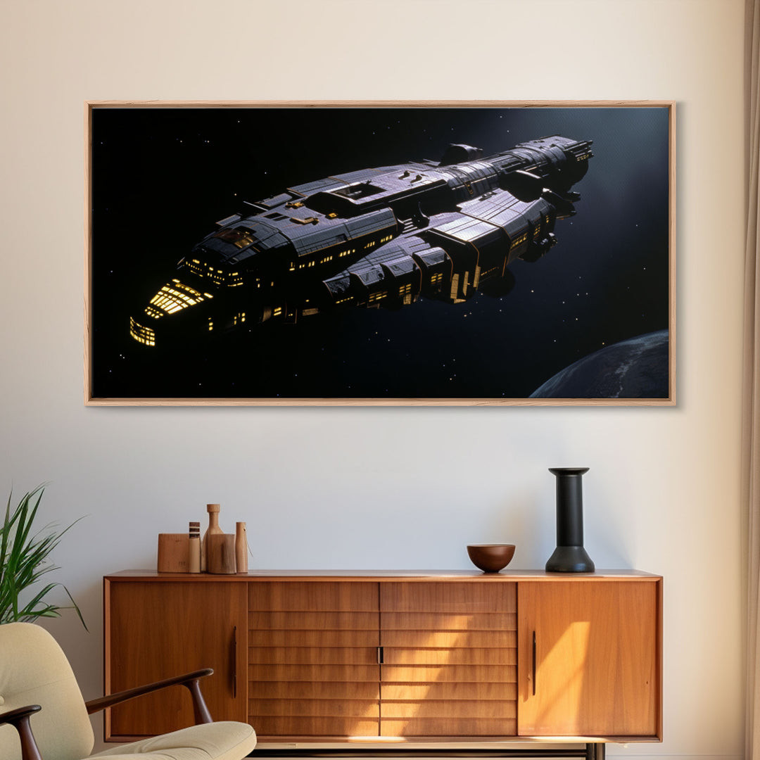 The Frigate, Cool Scifi Wall Art, Scifi Art, Framed Canvas Print, Gull Wing Space Ship, Unique Art, Alien Wall Art