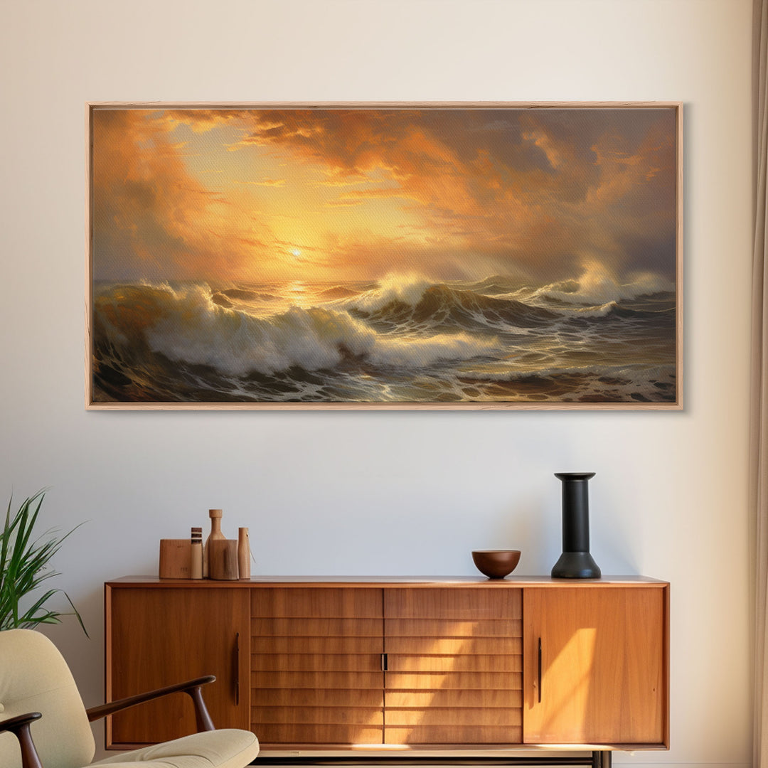 The Angry Ocean, Framed Canvas Print, Oil Painting Reproduction, Ocean Art, Beautiful Sunset Over The Ocean Wall Art, Contemporary Art