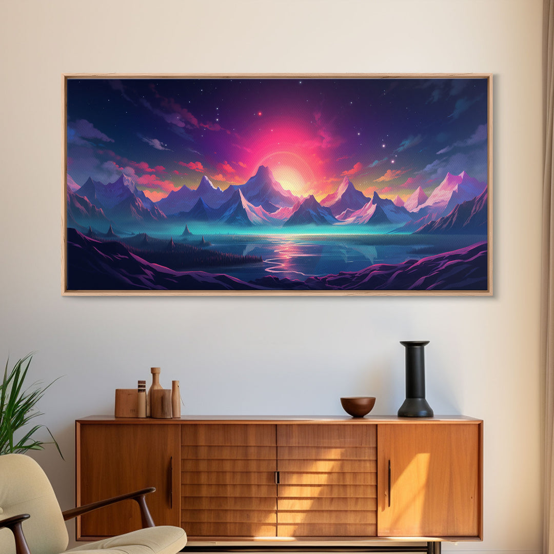 Synthwave Art, Framed Canvas Print, Beautiful Scifi Mountains Wall Art, Alien Planet, Game Room Decor, Gamer Gift For Him