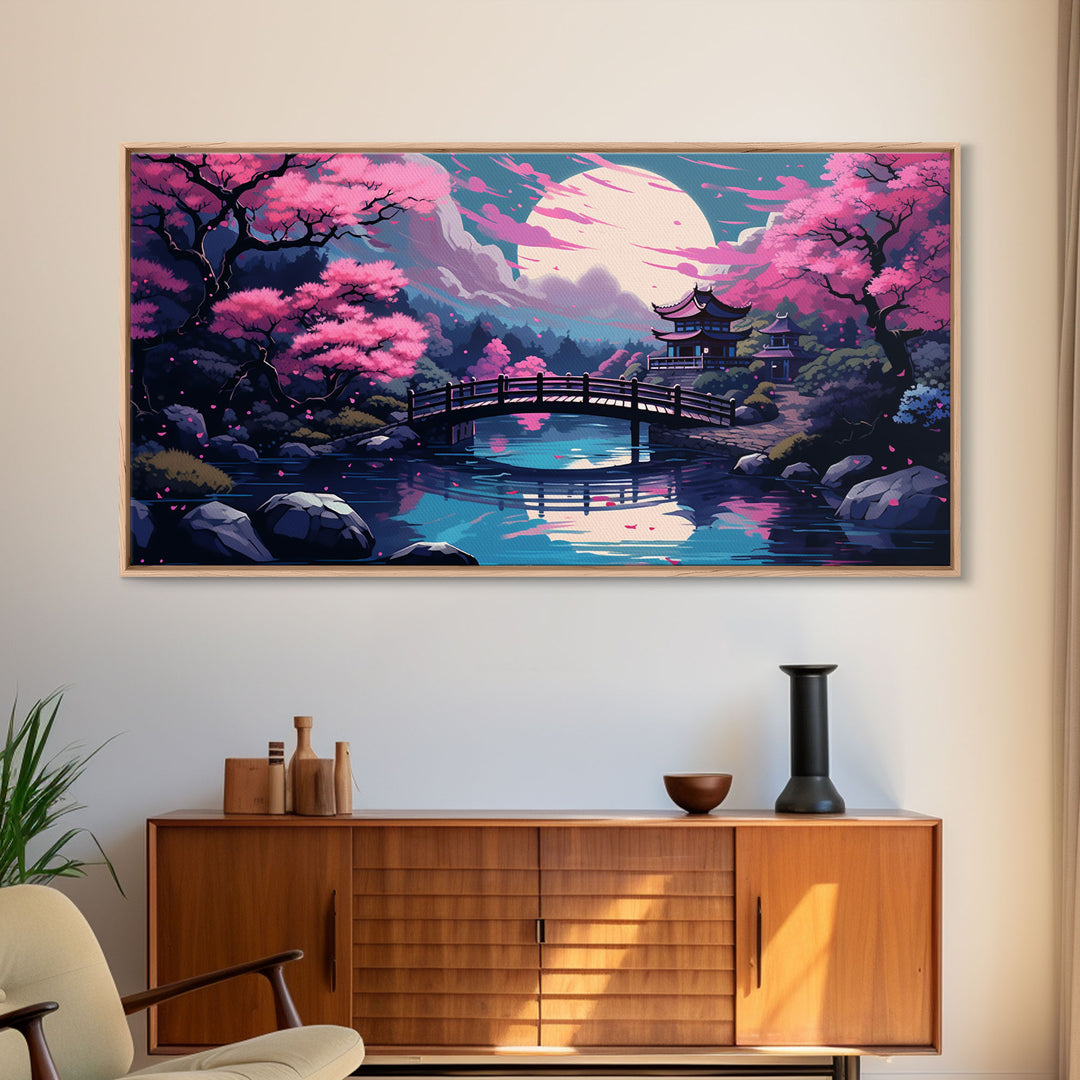 Japanese Art- Wabi Sabi Style Japanese Synthwave Pagoda, Game Room Art, Framed Canvas Print, Framed Art, Framed Painting, Retro Aesthetic