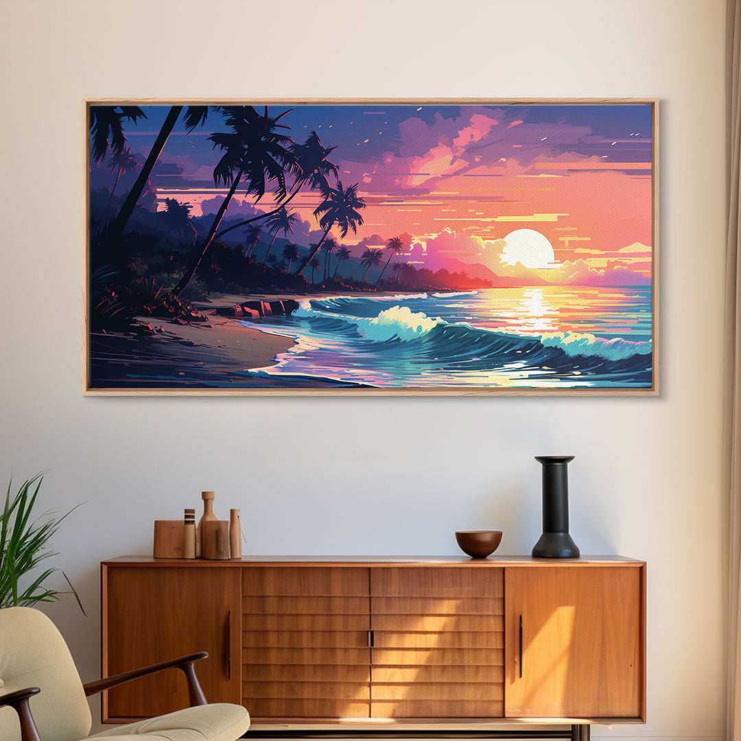 Outrun Vibes, Sunset Over The City and Beach, Palm Tree Decor, Game Room Art, Aesthetic Posters, Retro Art, 80s Vibes, 80s Art