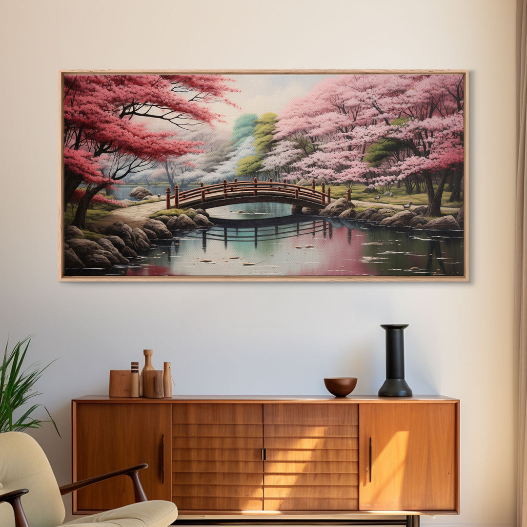 Cherry Blossoms, Japanese Wall Art, River Wall Art, Panoramic Art, Wall Art, Canvas Art, Landscape Art, Living Room Art, Tiny House Décor