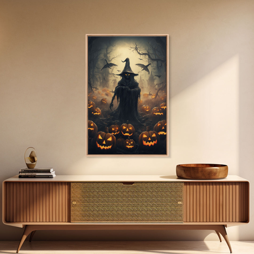 The Scarecrow and the Jack O Lantern Field, Framed Canvas Print, Halloween Canvas, Spooky Decor, Cottagecore Spooky Art