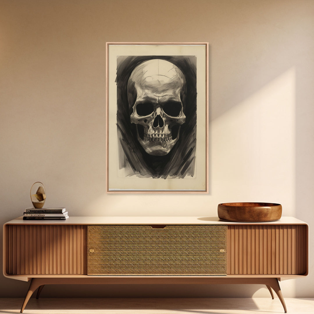 The Death Mask, Charcoal Sketch, Framed Canvas Print, Halloween Decor, Halloween Wall Art, Skull Portrait, Oddities, Witchy Decor