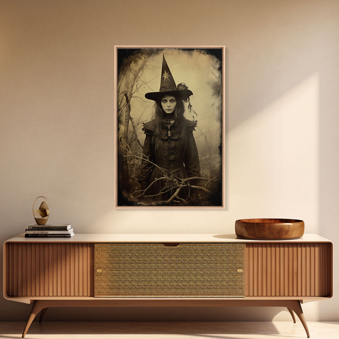 Witchy Art, Portrait of a Victorian Witch, Daguerreotype, Framed Canvas Print, Halloween Wall Art, Halloween Canvas, Fall Decor