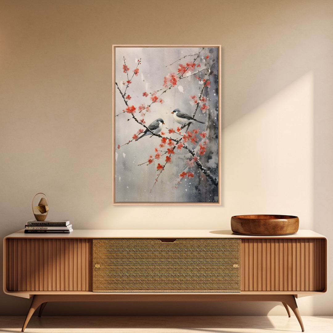 Cherry Blossom Tree, Japanese Wall Print, Bird Wall Art,  Asian Art, Canvas Print, Wall Art, Vertical Print, Country Home Decor, Office Art