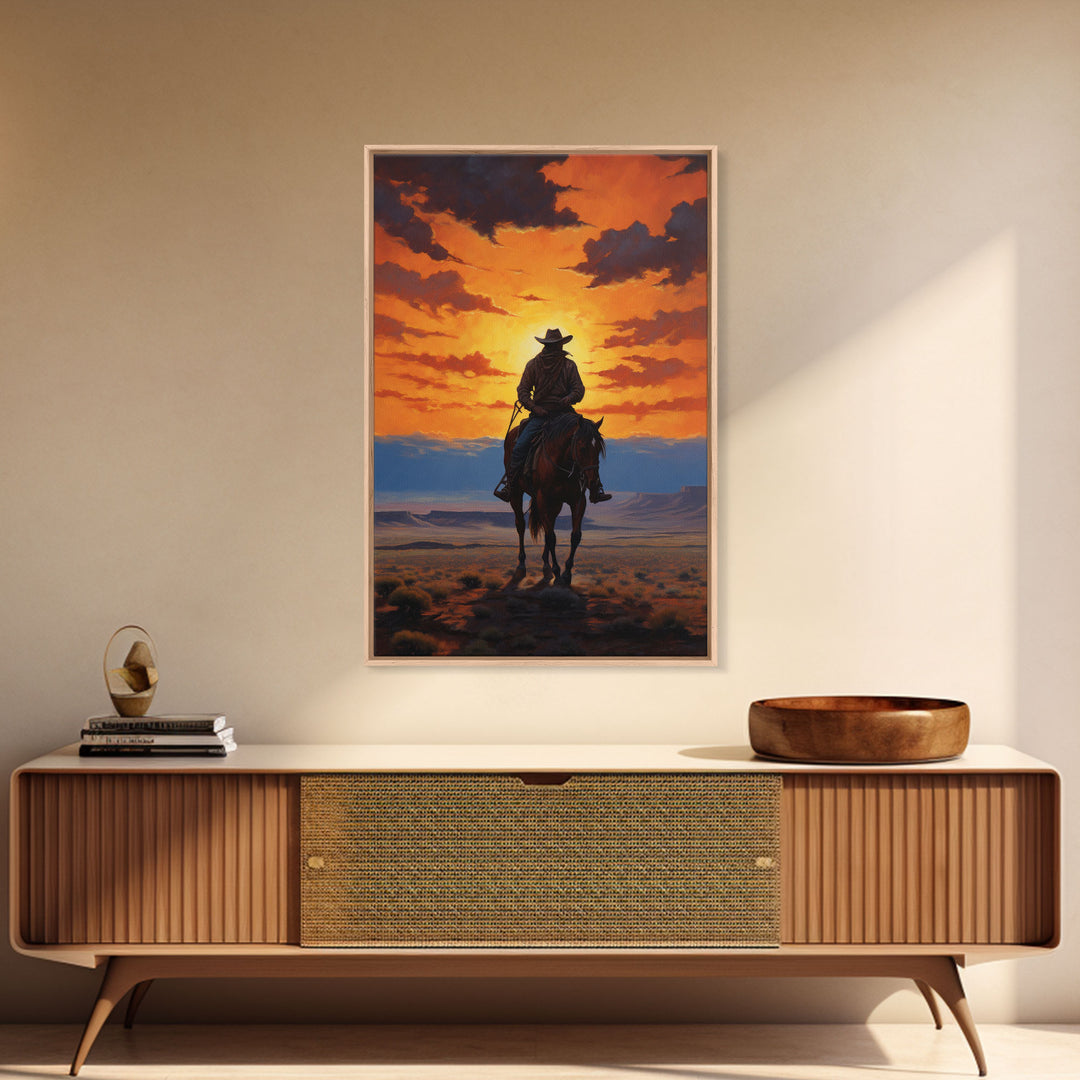 Cowboy Silhouette Wall Art, Western Wall Decor, Sunset Wall Art, Canvas Print, Wall Art, Vertical Art, Teen Boy Wall Art, Rustic Wall Decor