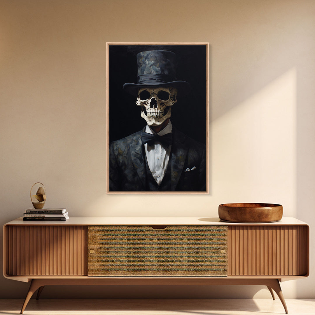 Skeleton In A Bowler Hat, Renaissance Skeleton, Framed Canvas Print, Gothic Halloween Decor, 1920s Style Art Deco Horror Art