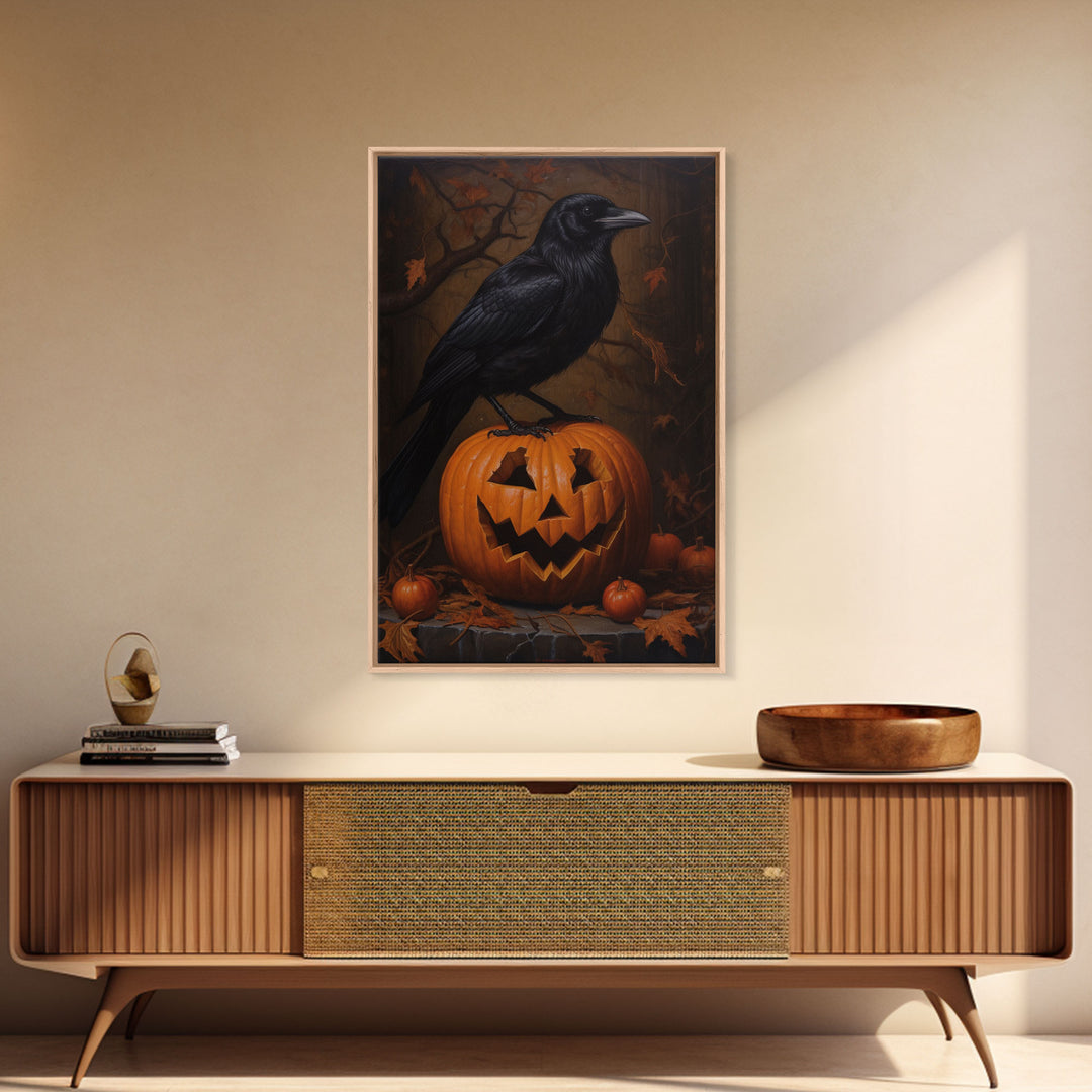 Crow Atop A Jack O Lantern, Framed Canvas Print, Halloween Decor, Raven Painting, Victorian Oil Painting Print, Macabre Horror Print