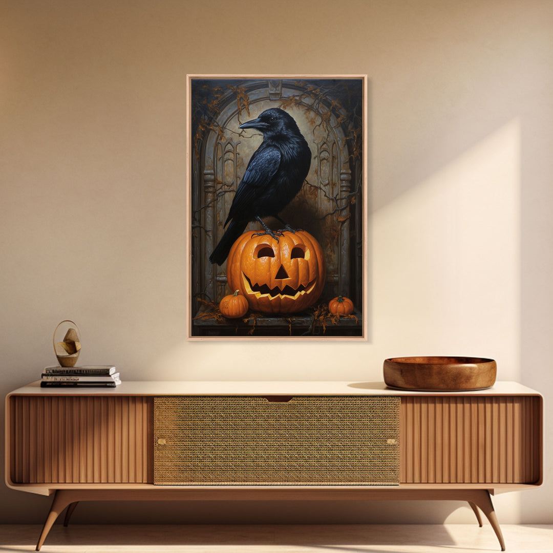 Macabre Crow Atop A Jack O Lantern, Framed Canvas Print, Halloween Decor, Raven Painting, Victorian Oil Painting Print, Macabre Horror Print